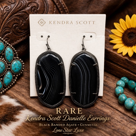 Kendra Scott Danielle Earrings • Black Banded Agate • Gunmetal • Retired HTF